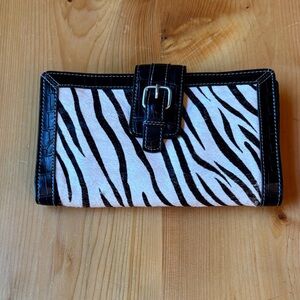 Zebra Print Leather and Nylon Wallet with Black Crocodile Trim
